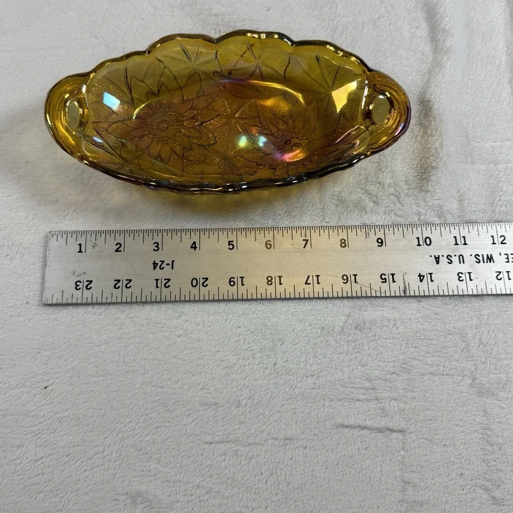 Vintage Amber Carnival Glass Handled Relish Candy Dish Sunflower Floral 10.5